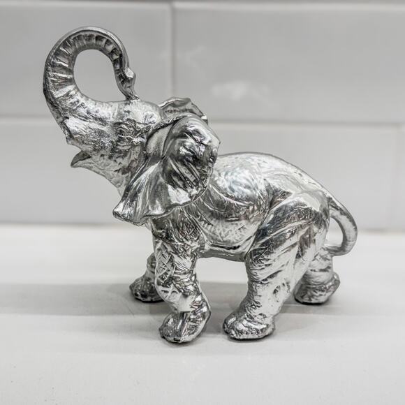 Good Luck Elephant Figurine, Trunk Upward, Silver- Painted Resin, 6.25” Tall - Picture 4 of 9